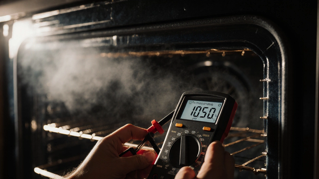 Hand using a multimeter to test an oven temperature sensor with a 1050 ohm reading.