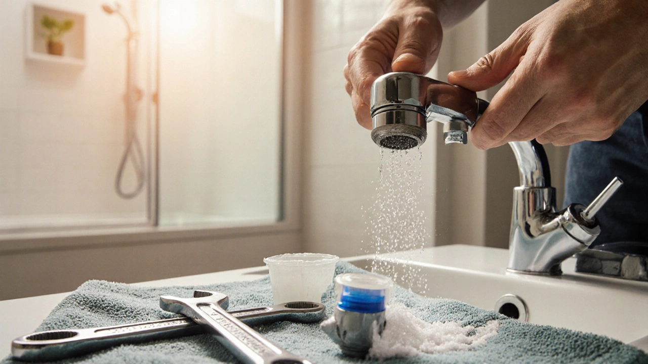 Homeowner removing a sediment-covered shower cartridge with tools on a towel
