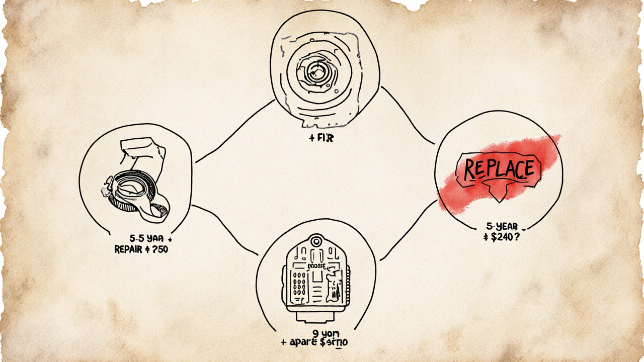 Minimalist line art decision tree showing when to repair or replace a dryer with icons.