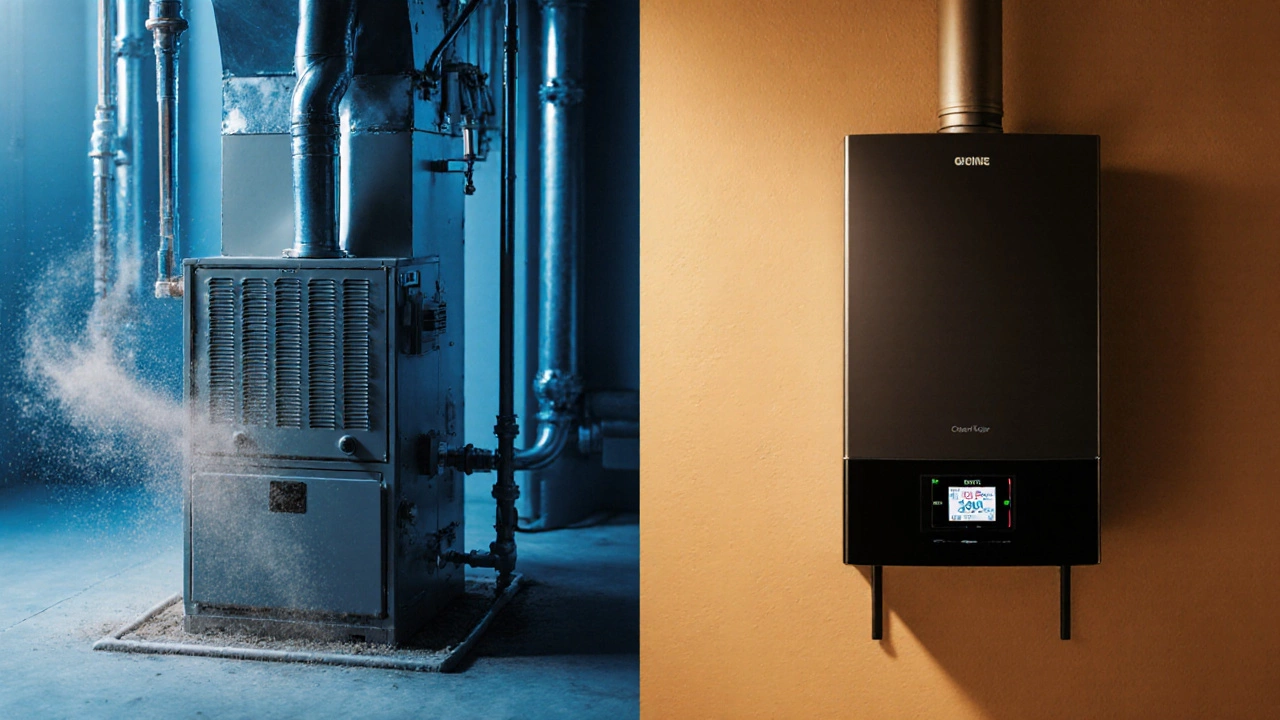 Old furnace idling versus modern boiler cycling off, showing energy efficiency contrast.