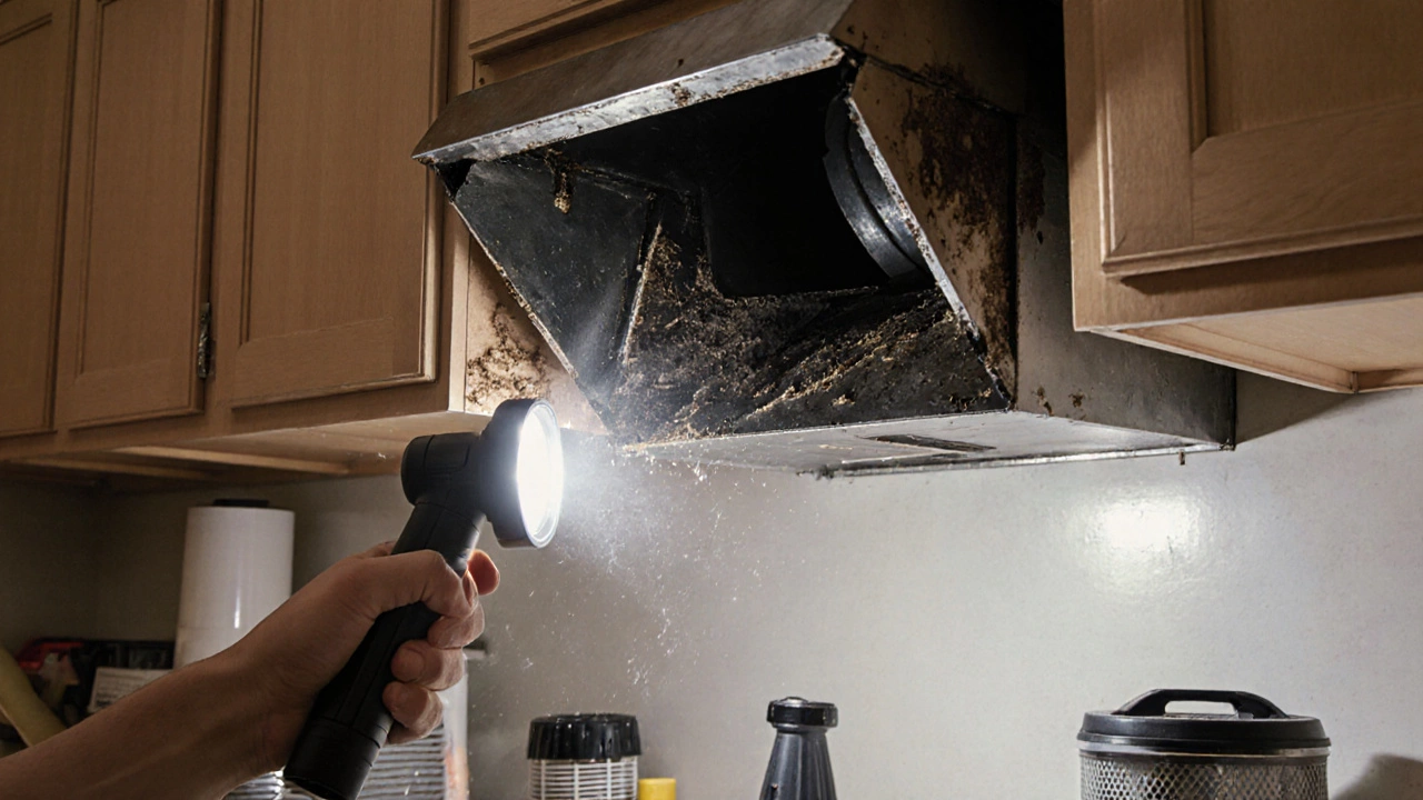Person inspecting greasy buildup inside kitchen exhaust duct with flashlight and vacuum.