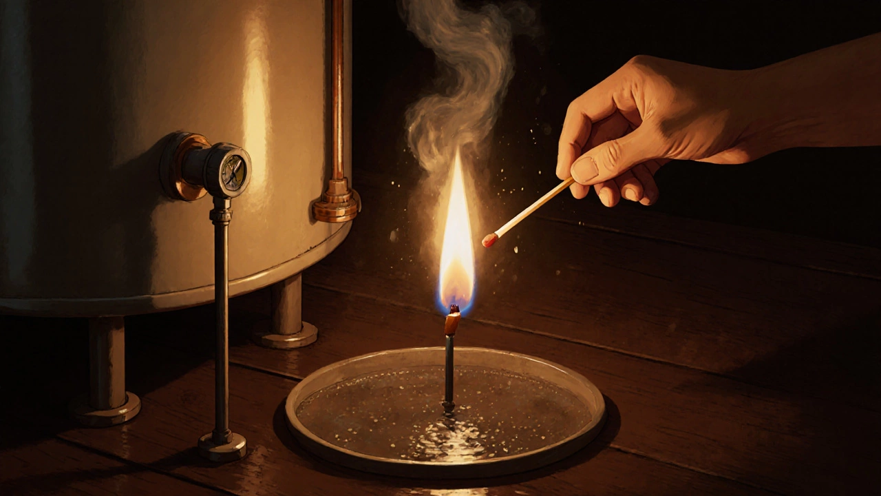 Relighting the pilot light on a gas water heater with a match.