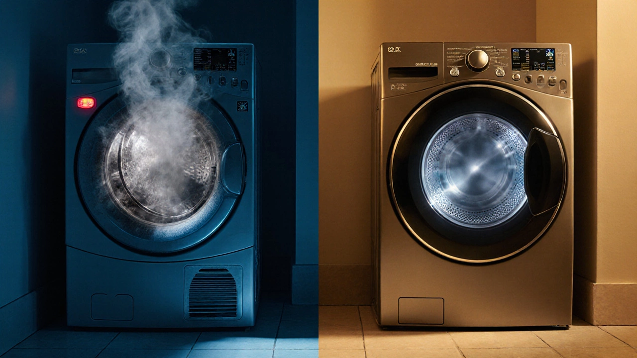 Split image comparing an old, faulty dryer with smoke to a new, energy-efficient dryer.