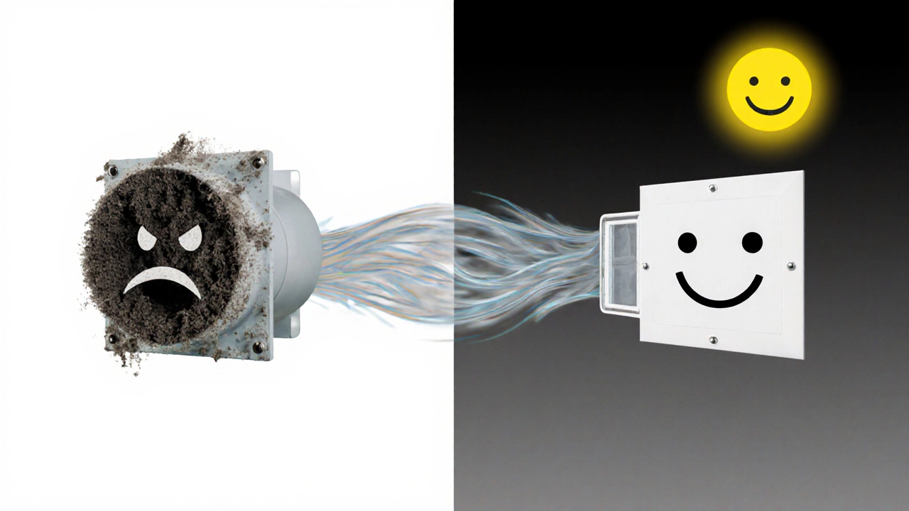 Split-image comparison of clogged versus clean extractor fan performance.