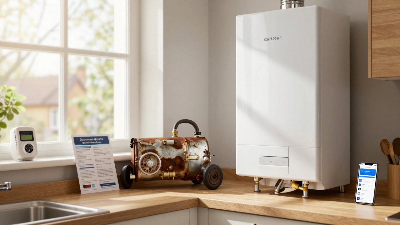 A Gas Safe engineer installing a modern boiler in a bright kitchen, with the old unit being removed in the background.