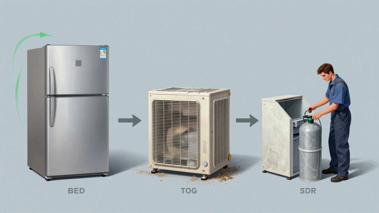 A lifecycle visual showing a new, mid-life, and recycled freezer side by side.