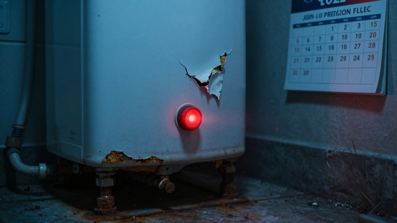 Aging water heater with pulsing red reset button and rust, symbolizing repeated failures.