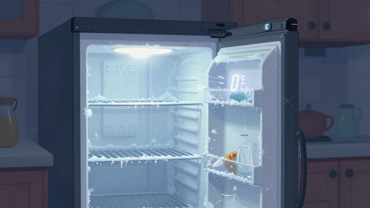 An aging upright freezer with frost buildup and a damaged door seal.