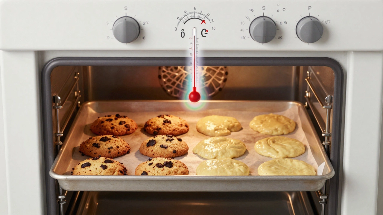 Baking tray with burnt cookies on one side and raw dough on the other due to uneven heating.