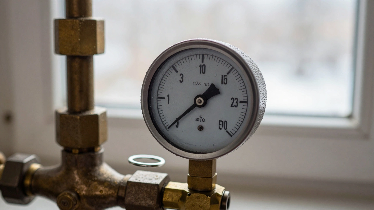 Boiler pressure gauge showing optimal 1.3 bar with filling hose nearby