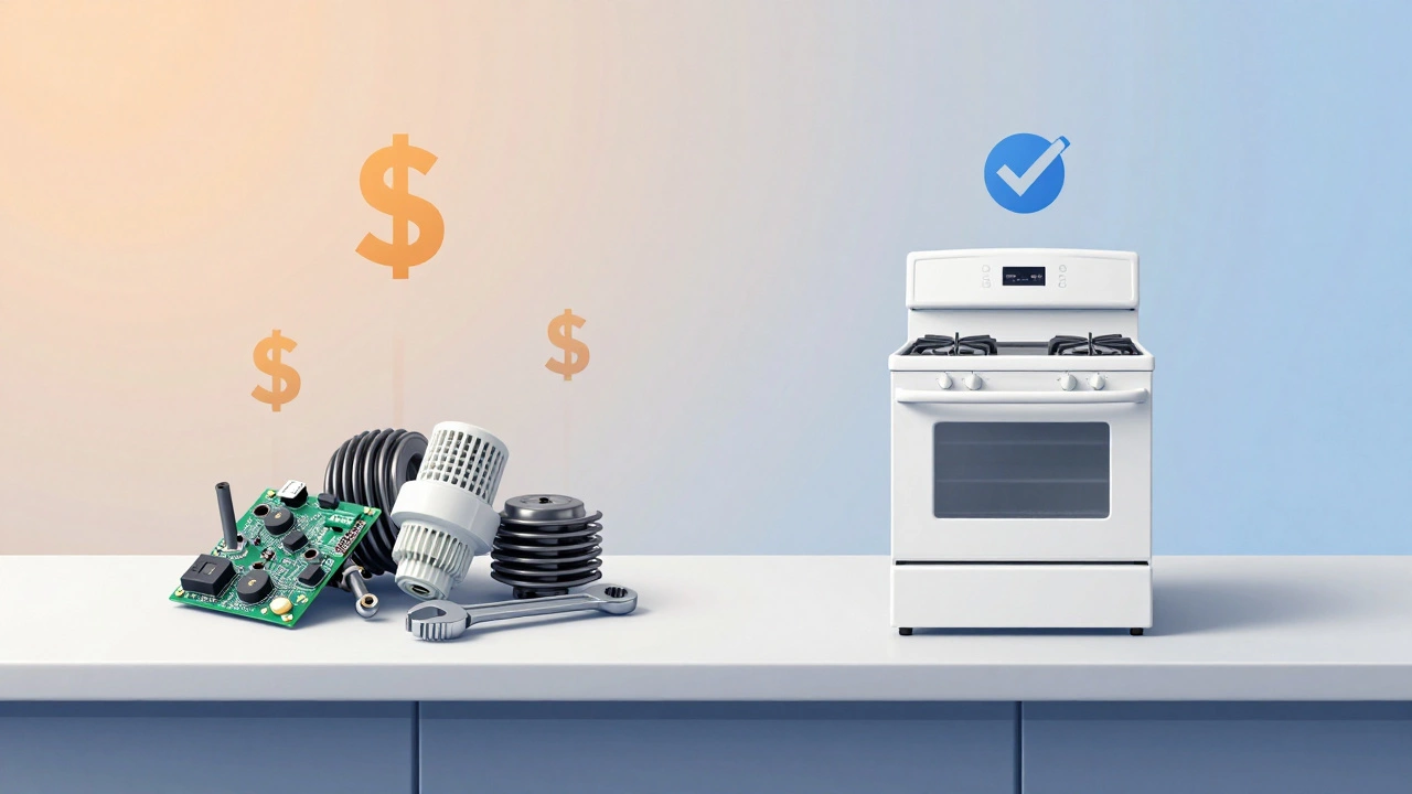 Conceptual scale weighing repair parts against a new stove symbolizing cost versus replacement decision.
