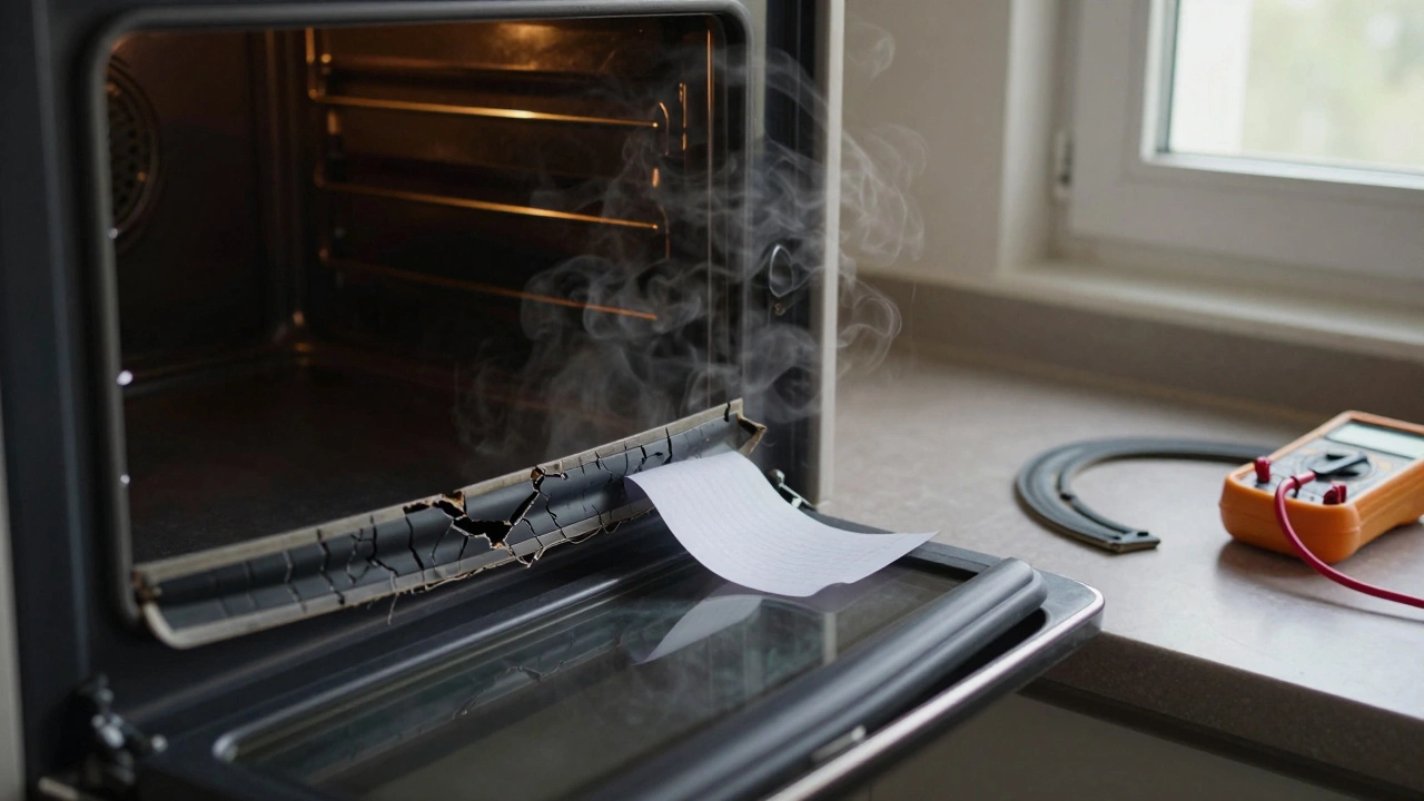 Cracked oven door seal with paper slipping through the gap.