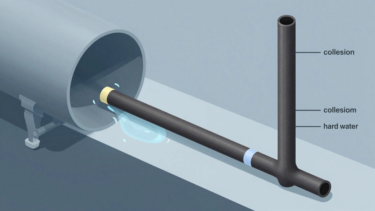 Cross-section diagram of water heater tank showing sacrificial anode rod corrosion in different water conditions.