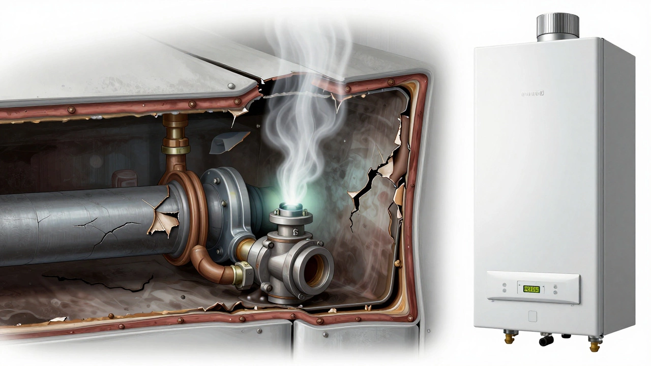 Cross-section diagram showing corrosion and gas leaks in an aging boiler compared to a modern safe design with sealed components.