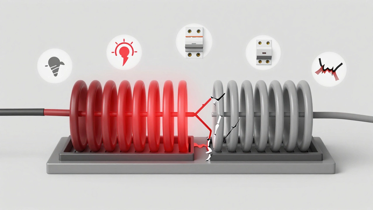 Cross-section of a broken stove element showing electricity flowing only through part of the coil.
