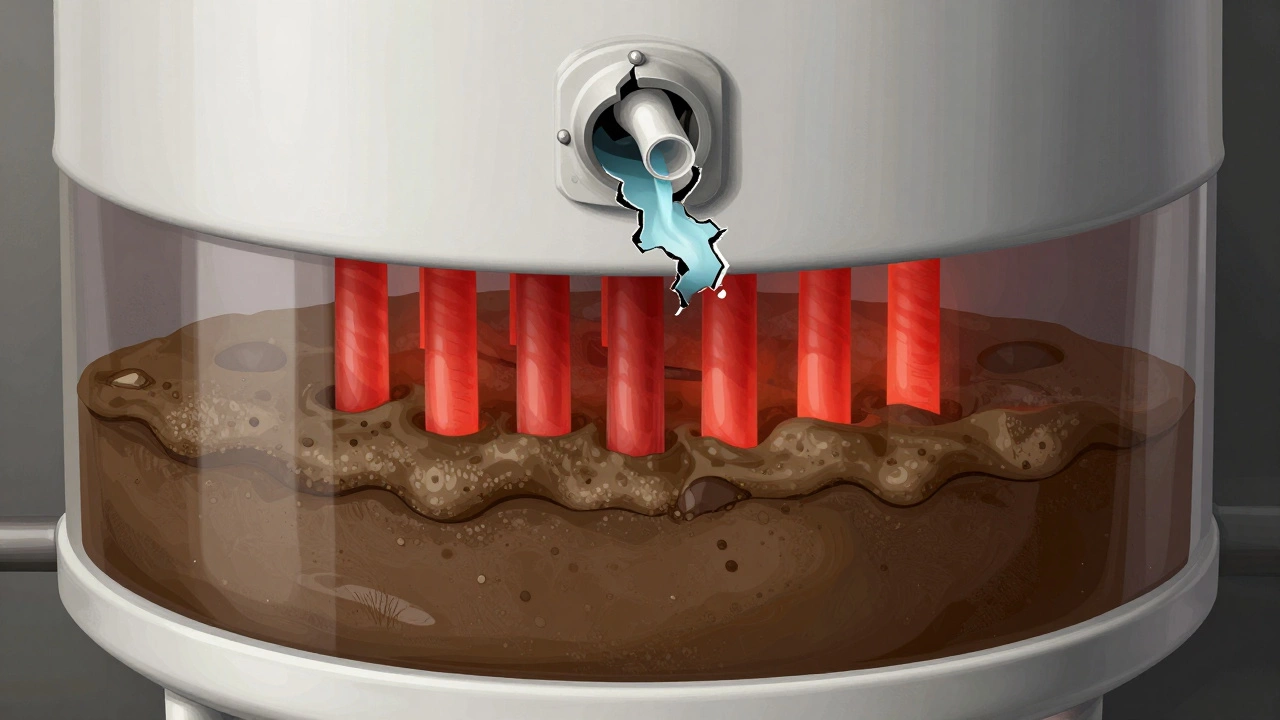 Cross-section of a water heater with sediment buildup and broken dip tube affecting heating efficiency.