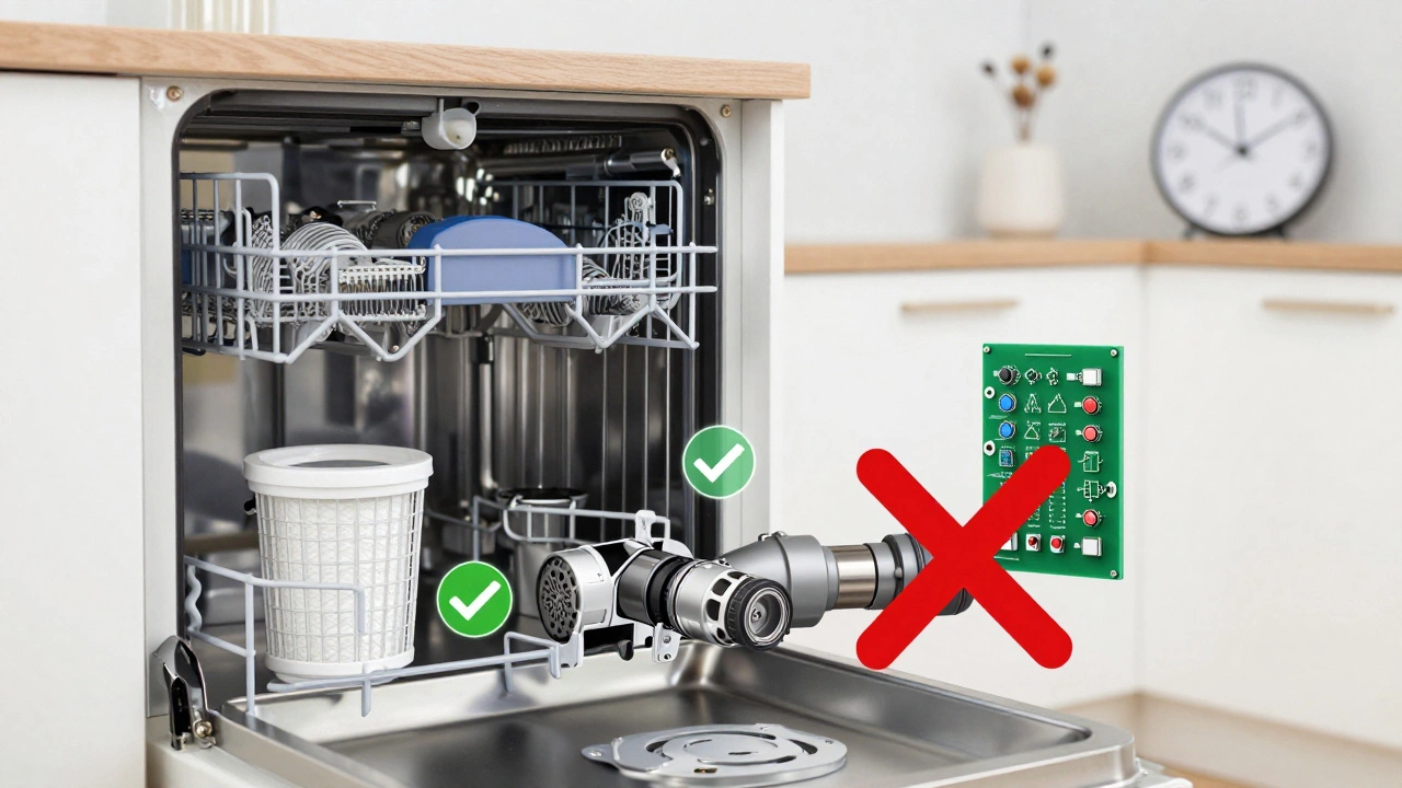 Cross-section of dishwasher parts with easy and hard repairs marked
