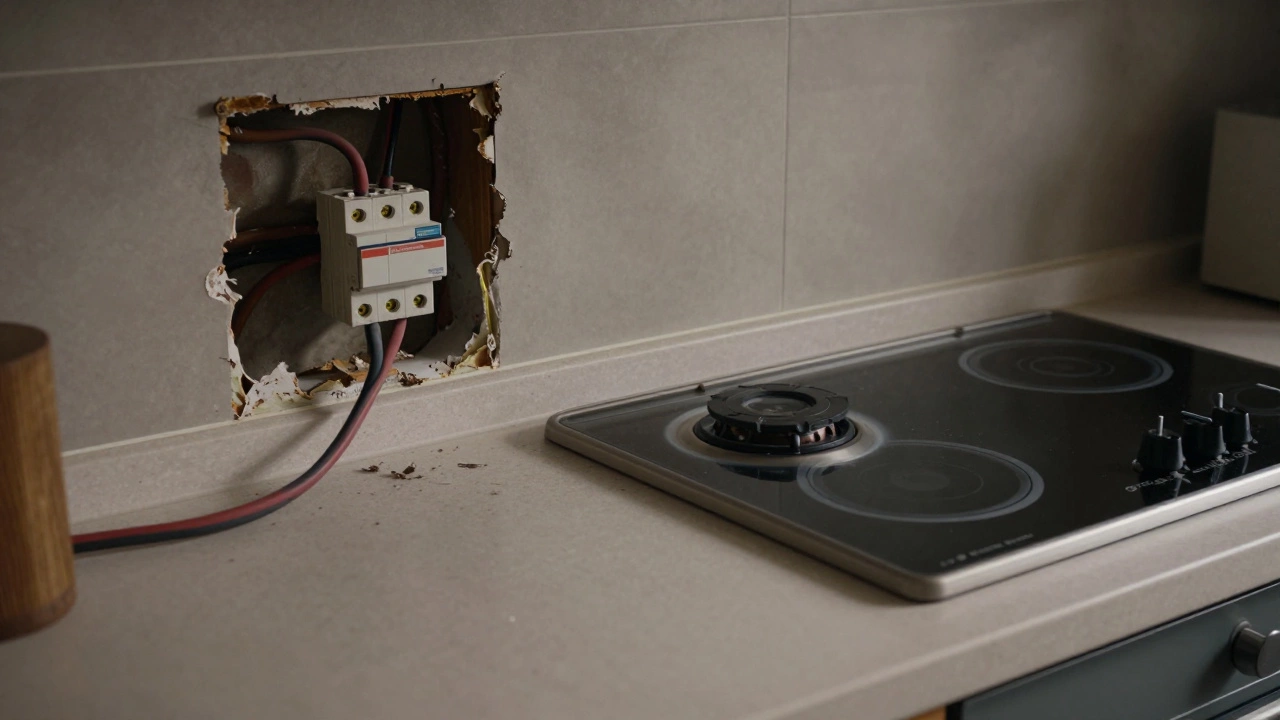 Exposed frayed wires and an undersized breaker behind a removed electric hob.