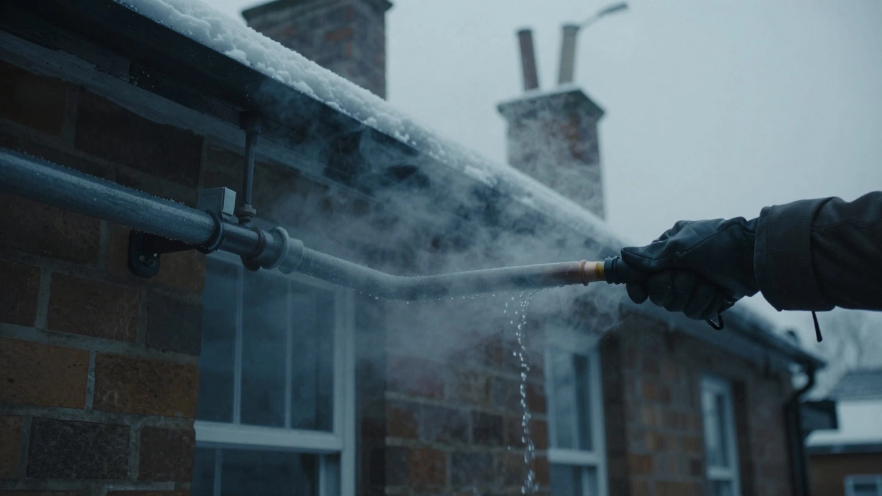 Frozen condensate pipe being thawed with warm water in winter