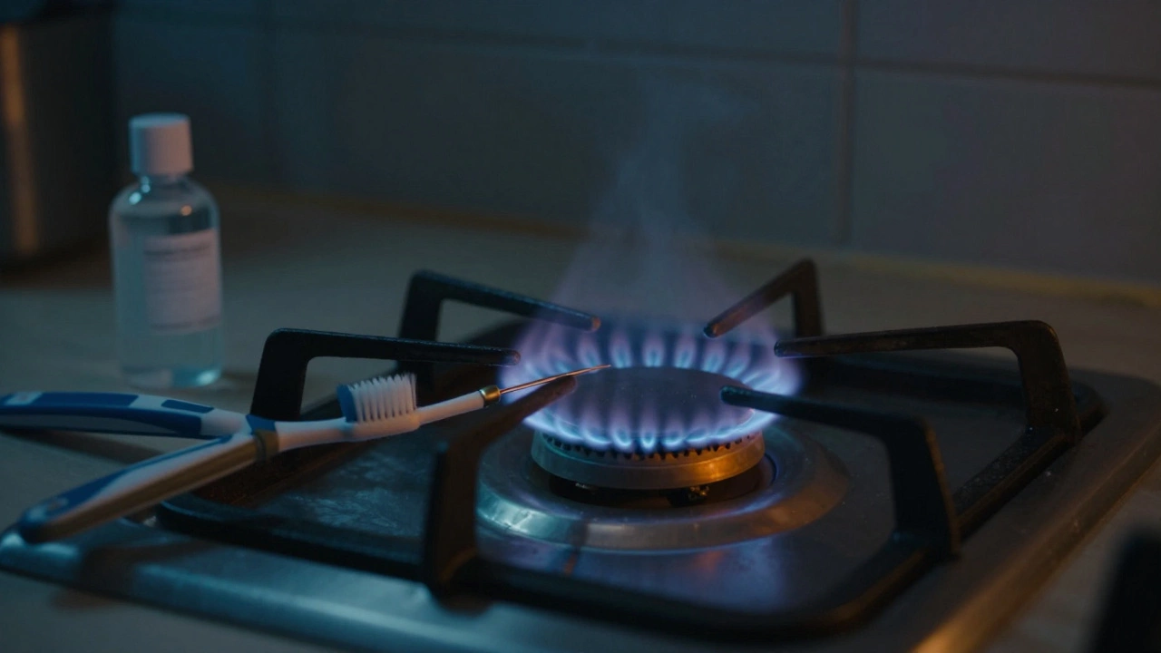 Gas burner with weak blue flame being cleaned with a toothbrush and needle.