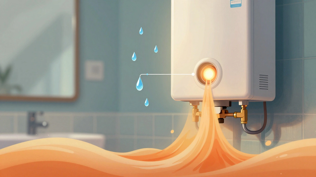 Gas water heater with visible pilot light and schematic components floating around it.