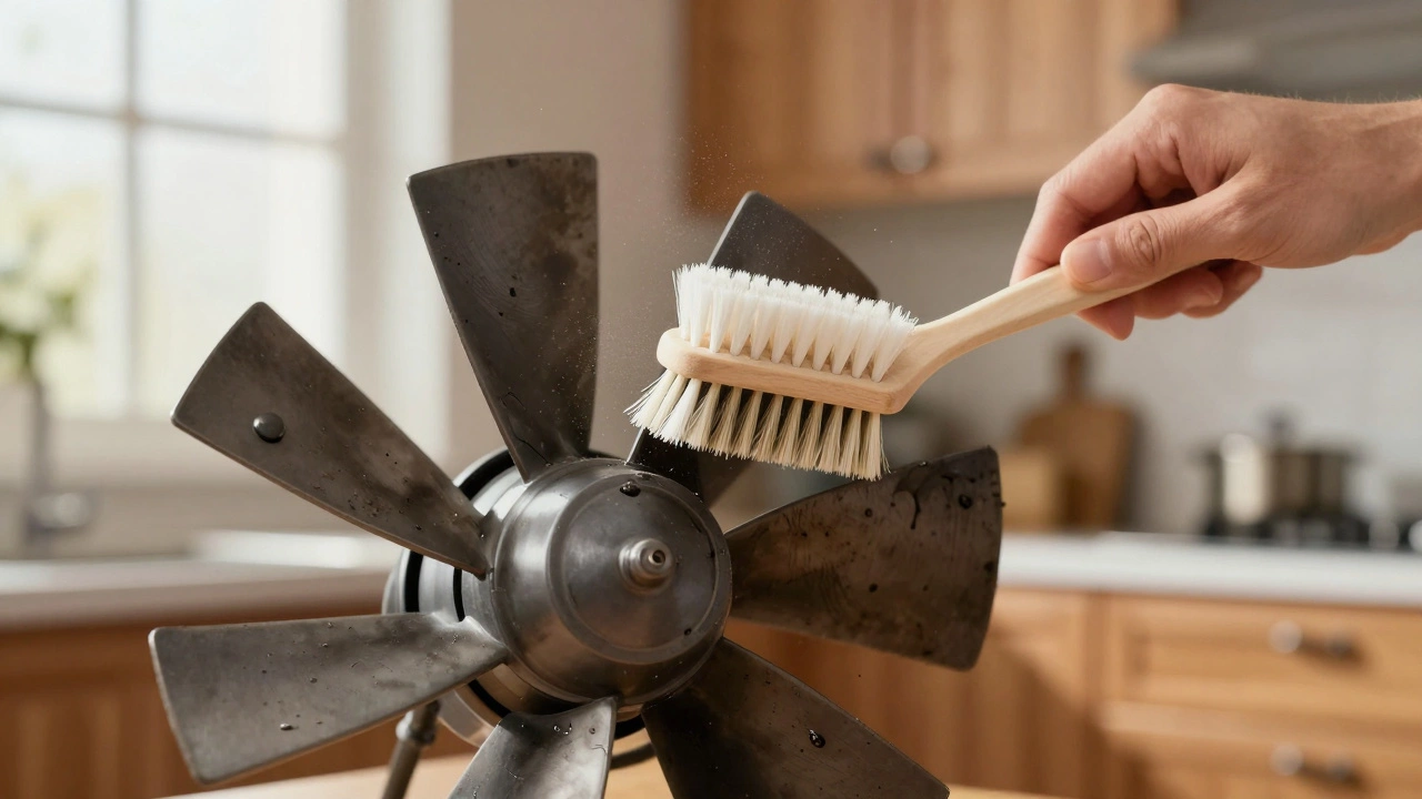 Grease-clogged fan blade being cleaned with a dry toothbrush.