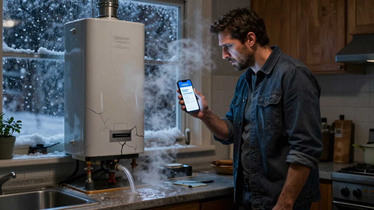 Homeowner checking a TSSA license on their phone while an old, leaking boiler behind them steams in the cold.