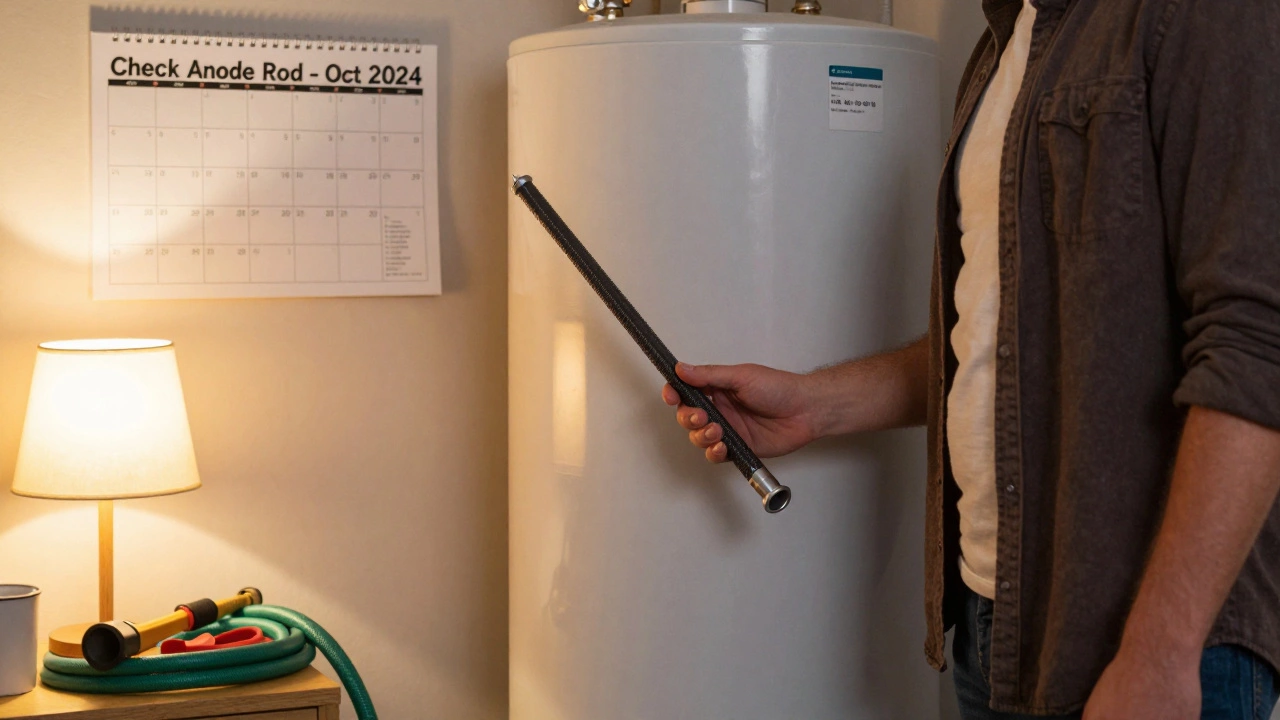 Homeowner holding a new anode rod next to water heater with maintenance calendar visible.