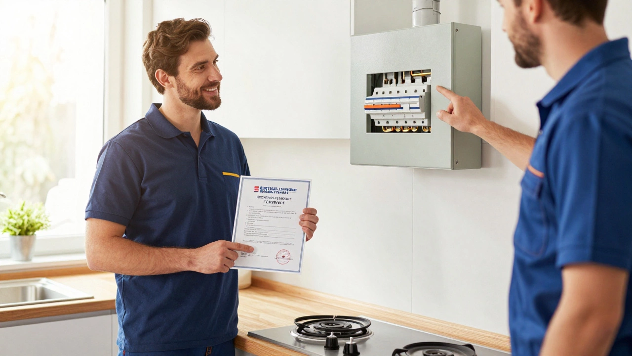 Homeowner holding a safety permit next to a newly installed electric hob.