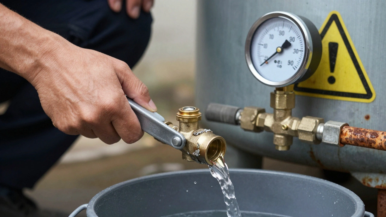 Homeowner testing a pressure relief valve as water sprays into a bucket, with high pressure indicated.