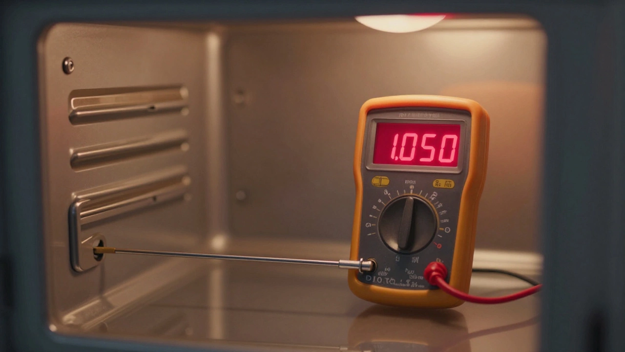 Multimeter measuring resistance of an oven temperature sensor.