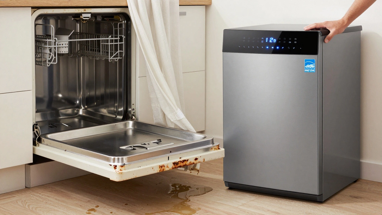 Old rusty dishwasher leaking beside a new energy-efficient model