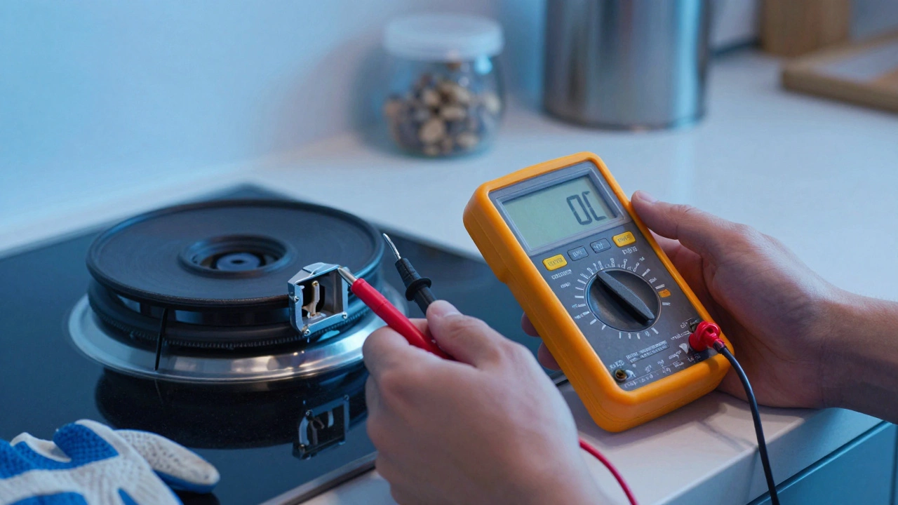 Person testing a stove element with a multimeter, probes touching metal terminals, display showing OL.