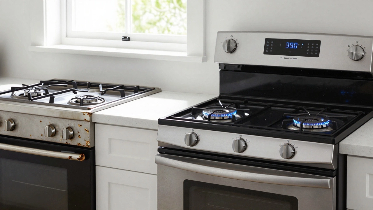 Side-by-side comparison of an old worn stove and a new energy-efficient range in a bright kitchen.