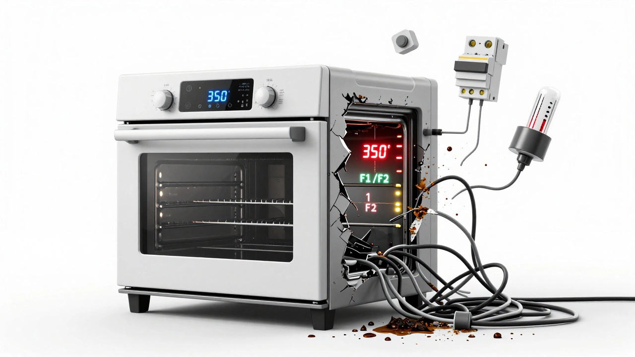 Split image showing functioning oven vs. broken oven with error codes and damaged parts.