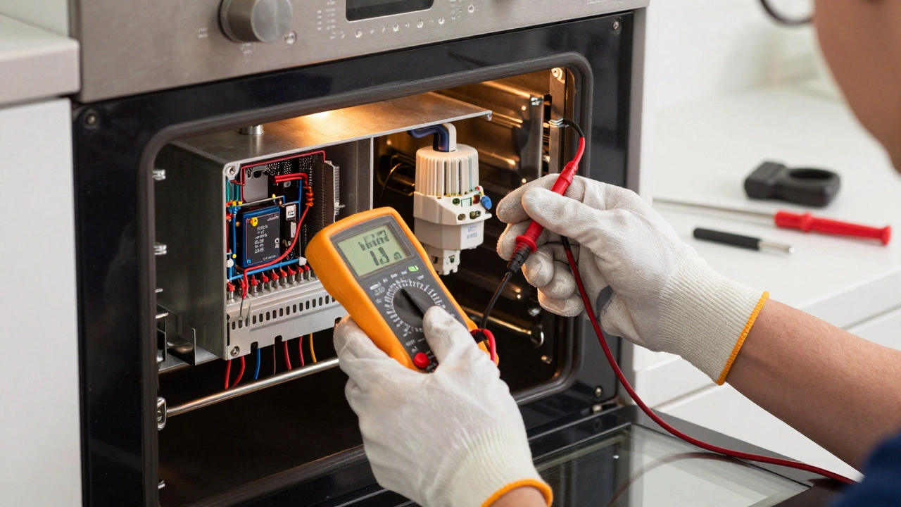 Technician testing an oven thermostat with multimeter behind the back panel.