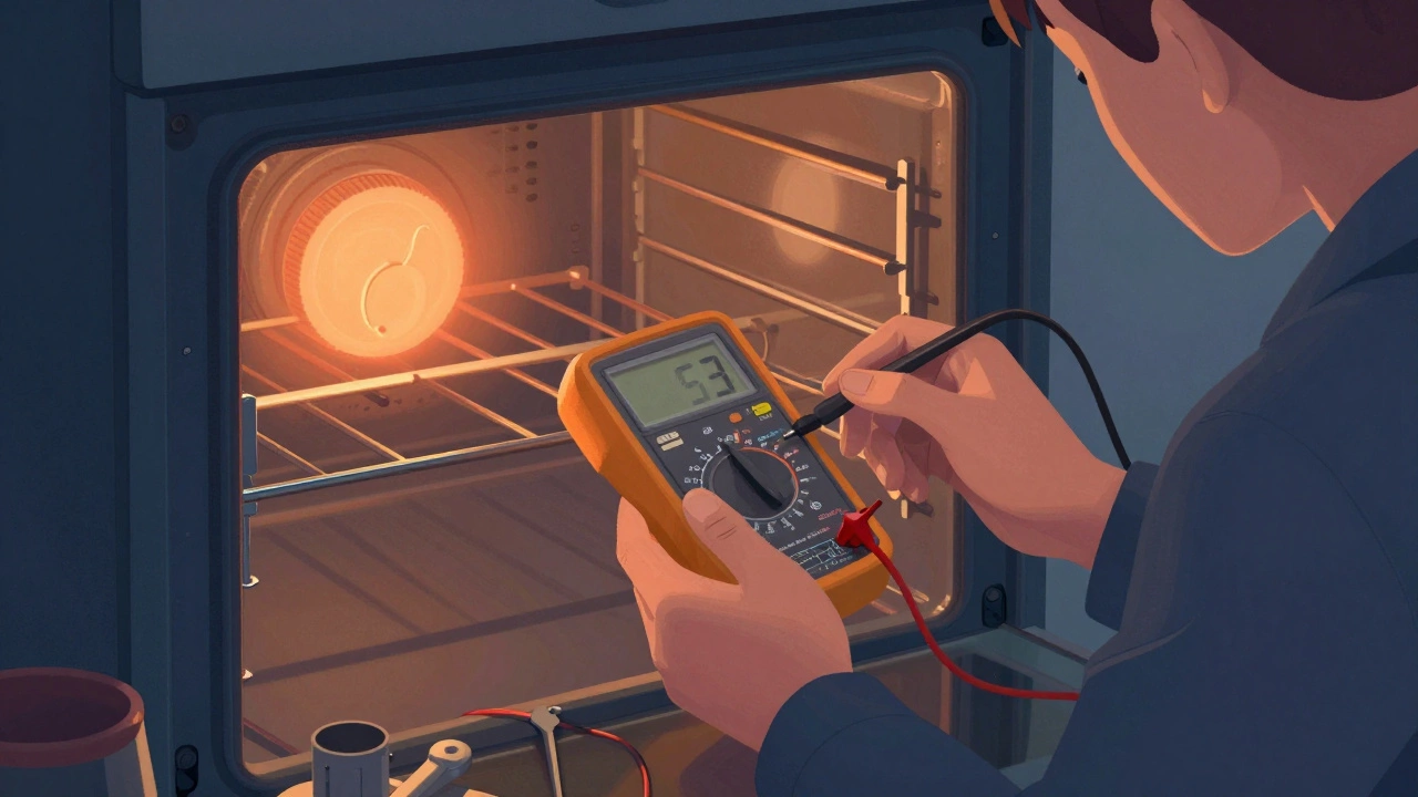 Technician testing oven sensor with multimeter inside open oven cavity.