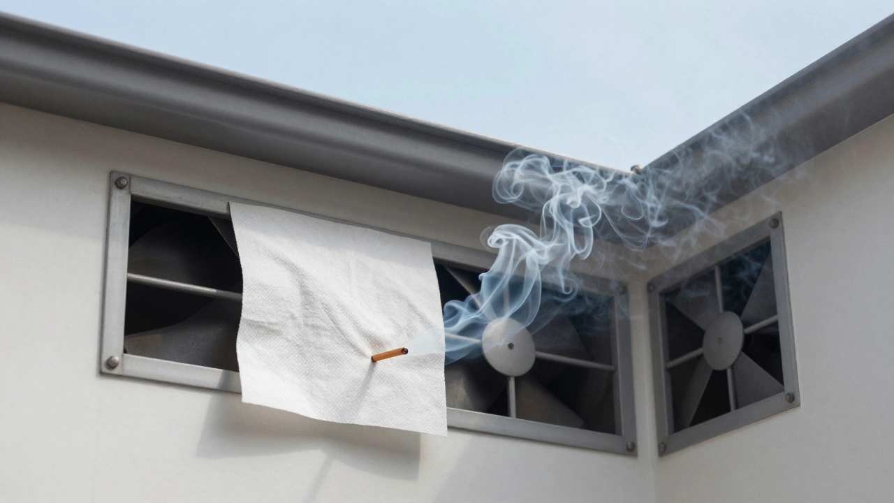 Tissue paper sticking to fan grille while smoke flows smoothly into vent.