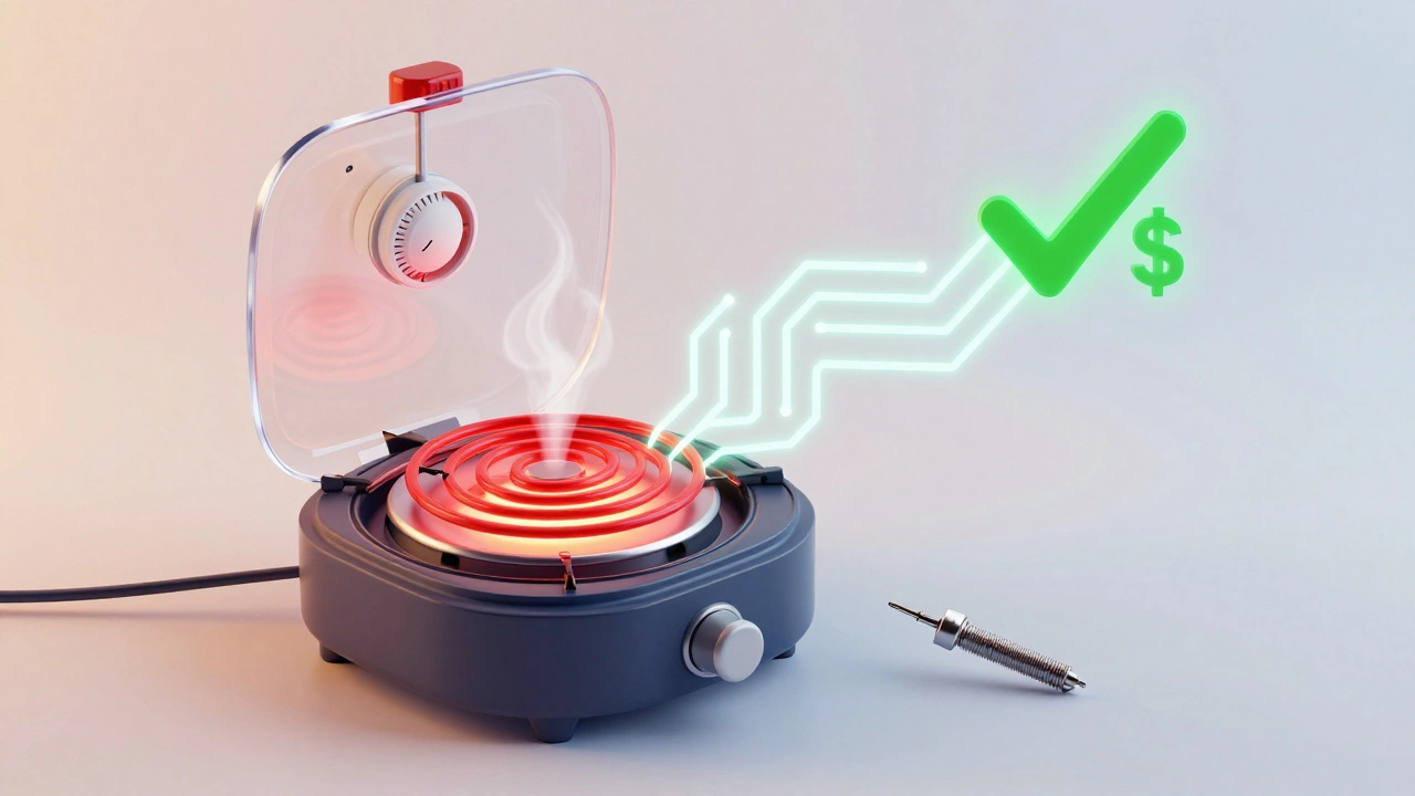 Transparent cooker showing internal parts and repair symbols with energy-saving theme.