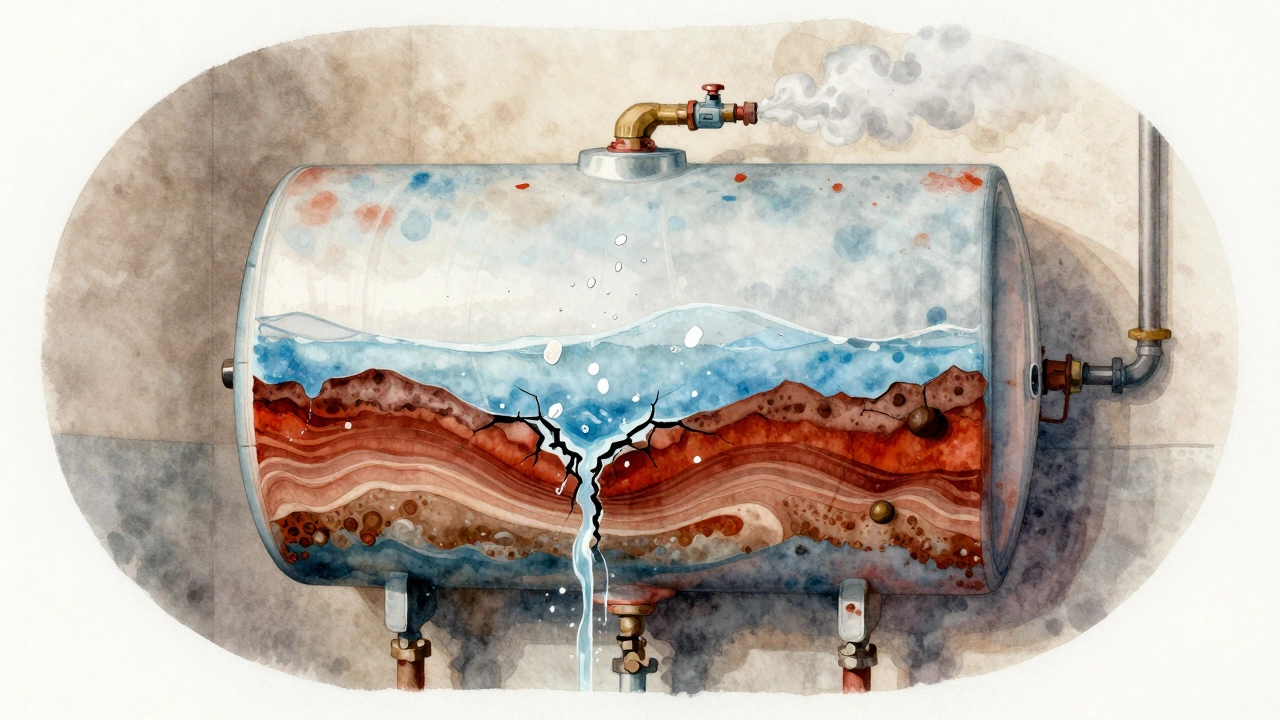 Water heater tank showing sediment buildup and cracked dip tube with floating plastic flakes.