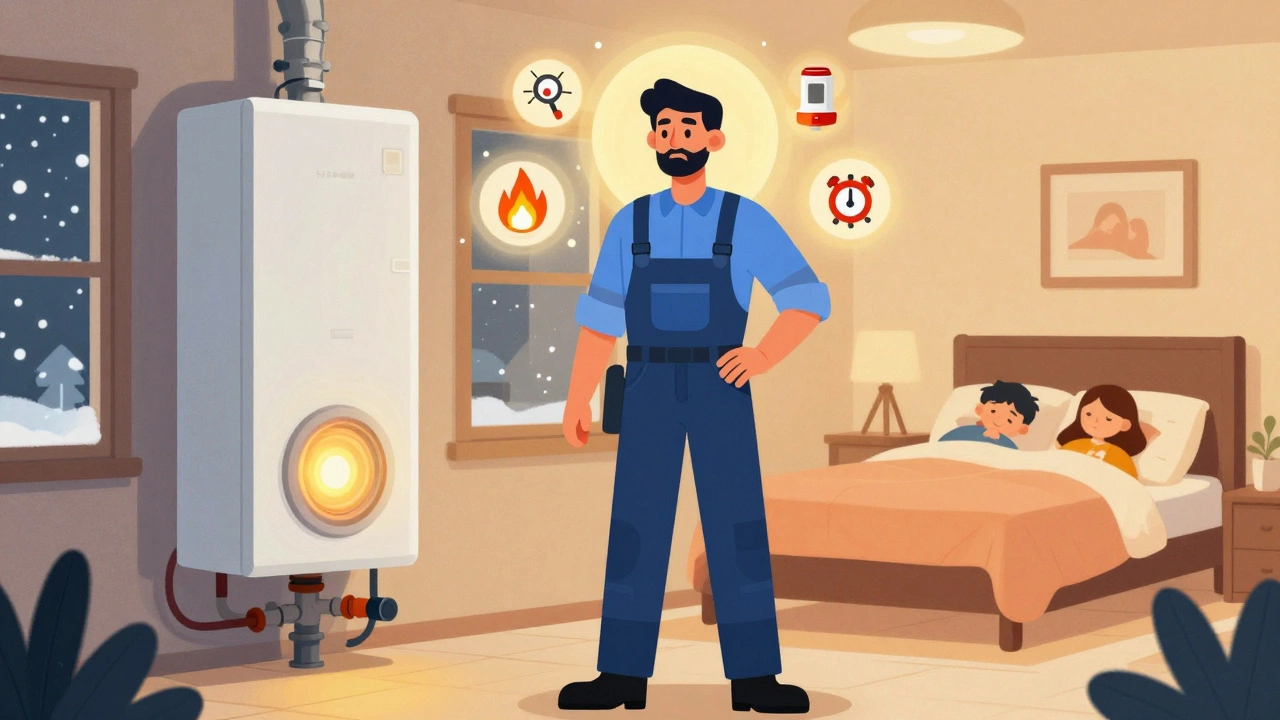 Boiler technician as a guardian figure with safety symbols glowing around a warm home.