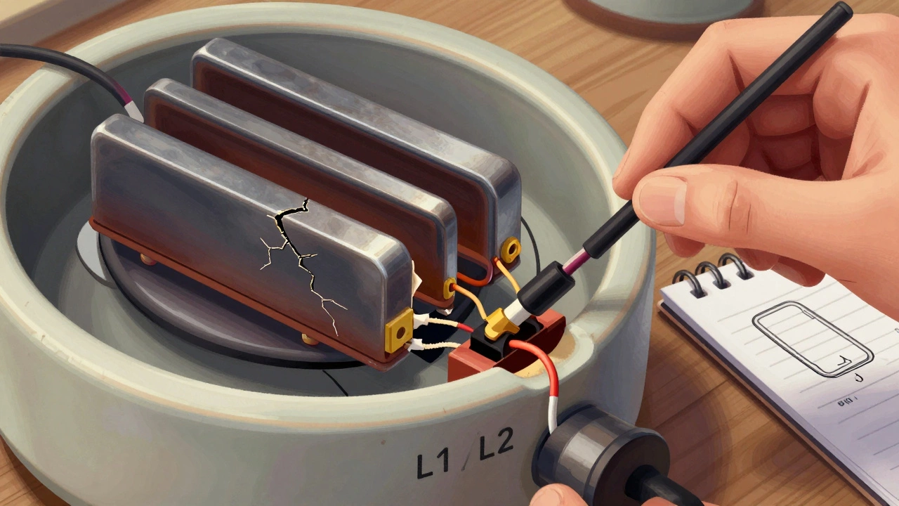 Cross-section of ceramic hob showing damaged heating element and new replacement being installed with labeled wiring.