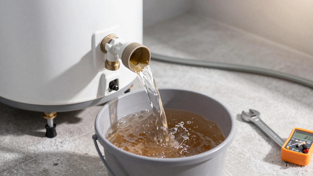 Draining sediment from a water heater with a garden hose into a bucket during winter.