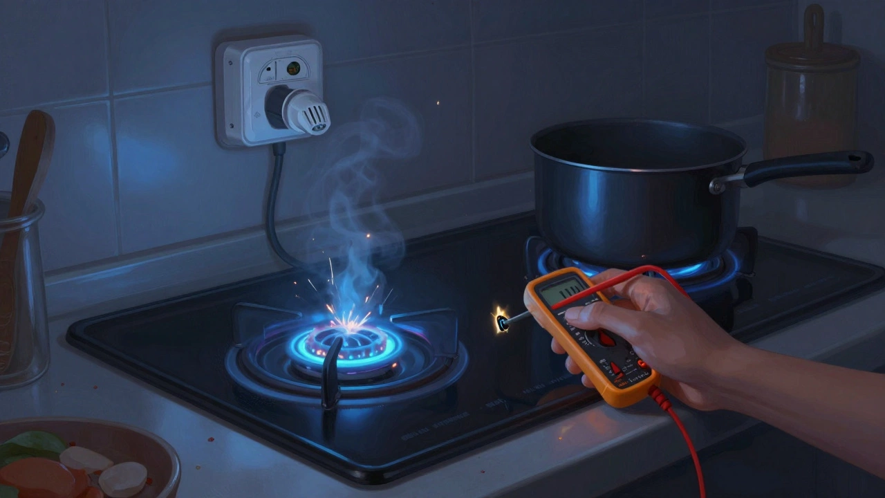 Electric hob sparking at night, with multimeter probing sensor and surge protector visible in background.