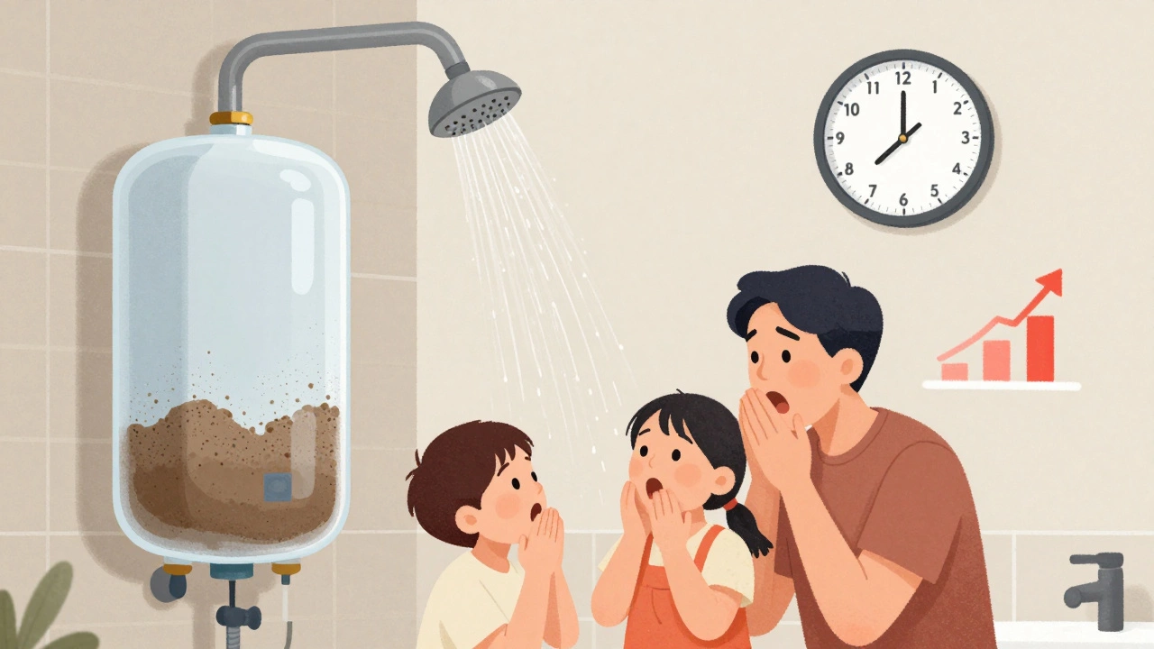 Family in bathroom disappointed by lukewarm shower, with sediment and energy bill visuals.