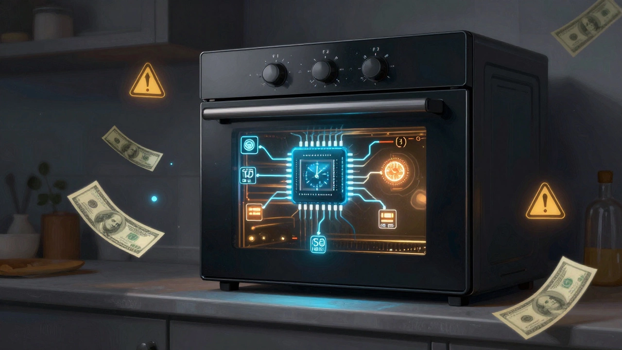 Glowing control board as brain of oven with error codes and hazards