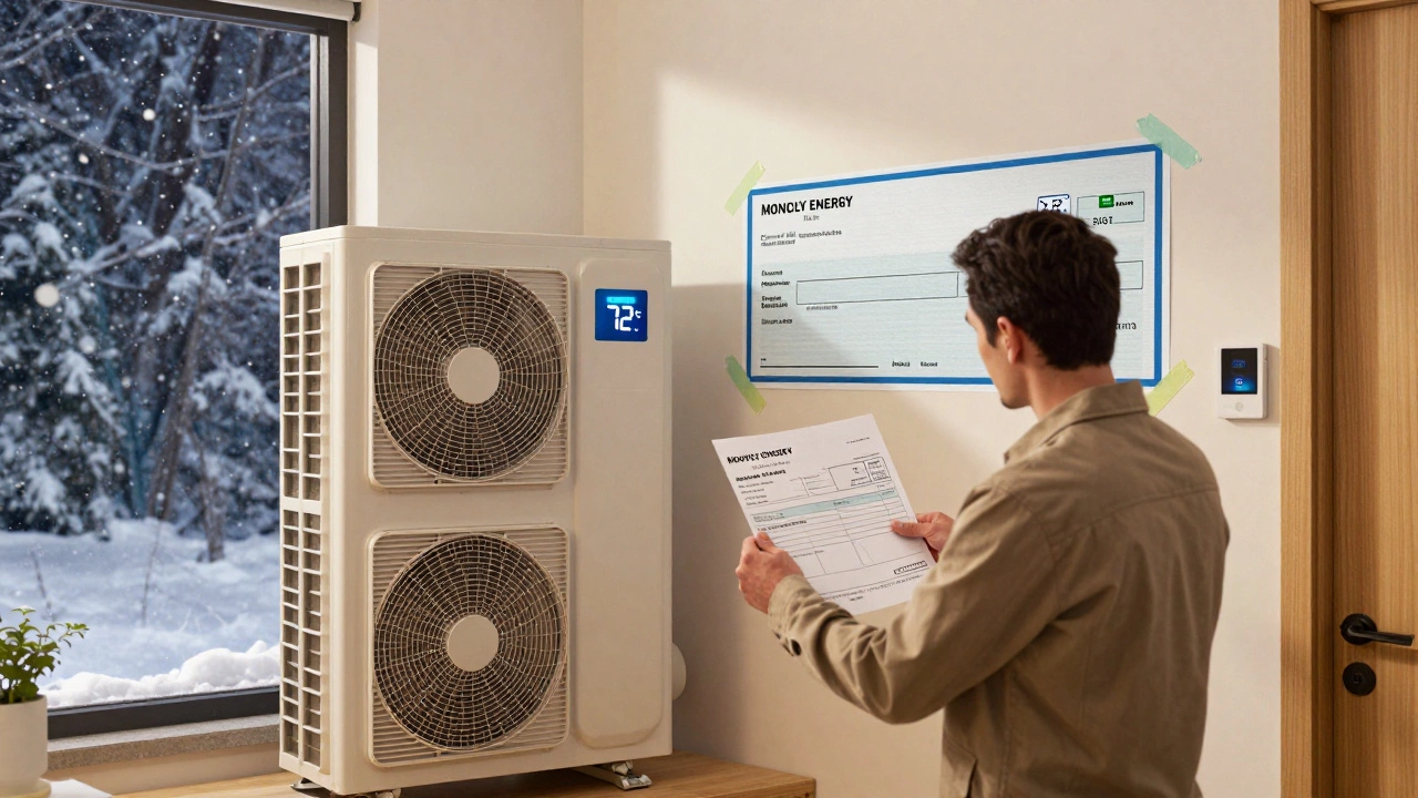 Homeowner holding a reduced energy bill next to a new heat pump with a rebate check on the wall.