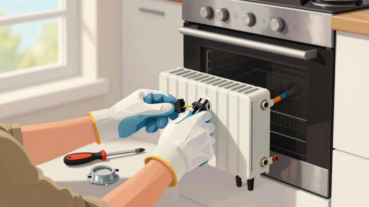 Homeowner replacing an oven heating element with screwdriver and replacement part on counter.