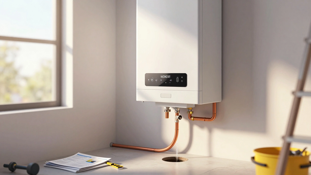 New condensing boiler being installed with connected pipes and condensate line.