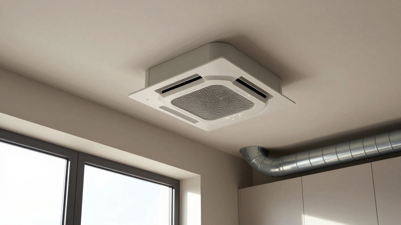New extractor fan installed in a kitchen ceiling with clean ducting and no condensation on windows.